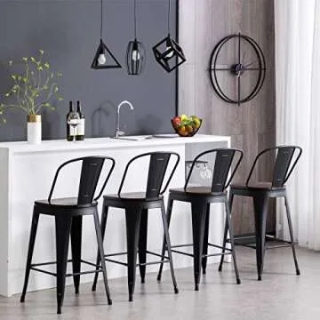 HAOBO Home 24" High Back Barstools Metal Stool with Wooden Seat [Set of 4] Counter Height Bar Stools, Matte Black