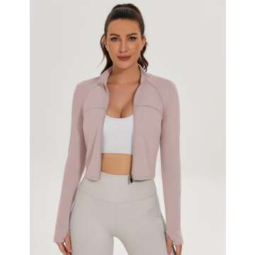 Ivicoer Pink Long Sleeve Cropped Tops for Women Activewear Athletic Running Track Jacket Slim Fit Cl...