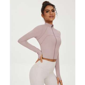 Ivicoer Pink Long Sleeve Cropped Tops for Women Activewear Athletic Running Track Jacket Slim Fit Clothes with Thumb Hole, L