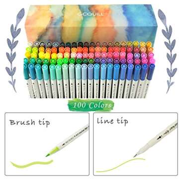 GC 100 Dual Tip Brush Pen Coloring Markers Set Flexible Brush Fineliner Tips - Watercolor Based Mark...
