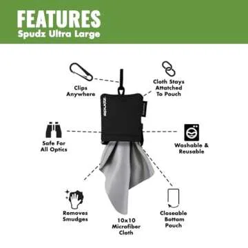 SPUDZ Ultra | Microfiber Cloth Screen Cleaner and Lens Cleaner | Closable Bottom | Black | 10 x 10 Inches
