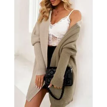 Astylish Women Long Sleeve Open Front Knit Cardigan Hoodie Outwear Color Block Sweater Deep Khaki Small