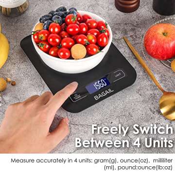 BAGAIL BASICS Digital Kitchen Scale, Premium Food Scales Weight Grams and Oz for Baking and Cooking, 11lb/5kg with 0.1oz/1g Precision Black