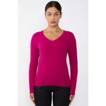 JENNIE LIU Women's 100% Pure Cashmere Long Sleeve Pullover V Neck Sweater