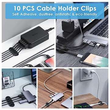 Cable Clips, Cable Organizer, Cord Management, Wire Management System, 10 Pieces, Self Adhesive for Your Wires, Charging and Mouse Cord Black Form Whellen