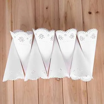 Teemico 50 Pcs Wedding Confetti Cones White Paper Tapers Hollow Print Cone for Party Petal Small Bouquet White Paper Cones for Candy Buffet