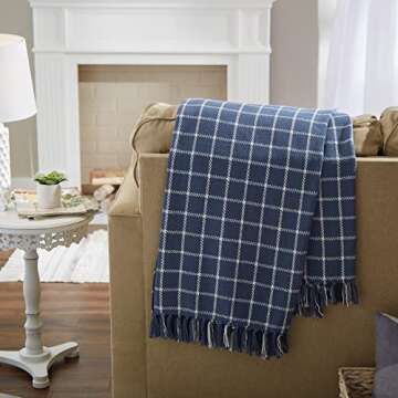 DII Transitional Checked Plaid Woven Throw, 50x60, French Blue