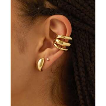 PAVOI 14K Yellow Gold Plated Trendy Chunky Triple Ring Ear Cuffs for Women | Statement Earring Pair