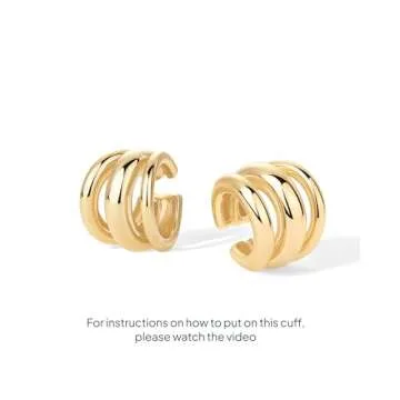 PAVOI 14K Yellow Gold Plated Trendy Chunky Triple Ring Ear Cuffs for Women | Statement Earring Pair