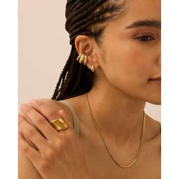 PAVOI 14K Yellow Gold Plated Trendy Chunky Triple Ring Ear Cuffs for Women | Statement Earring Pair