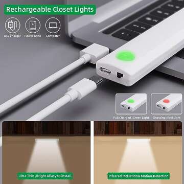 Anmeery Under Cabinet Lights 6 Pack Motion Sensor Light Indoor LED Ultra Thin Closet Lighting USB-C Rechargeable Battery Operated Stick-On Light for Kitchen Night,Dark Hallway,Wardrobe