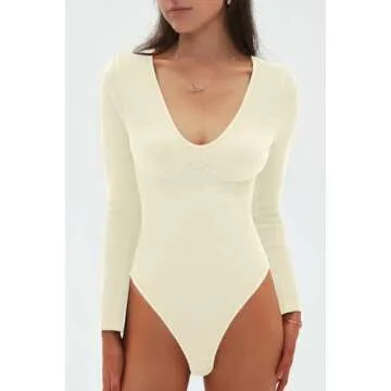 CHYRII Womens Sexy V Neck Bodysuit Basic Ribbed Long Sleeve Shirt Fall Tops Beige M