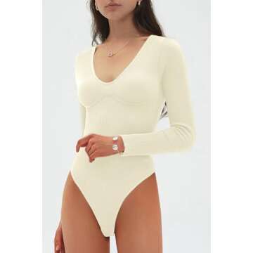 CHYRII Womens Sexy V Neck Bodysuit Basic Ribbed Long Sleeve Shirt Fall Tops Beige M