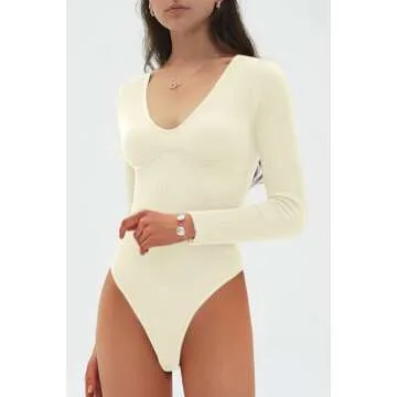 CHYRII Womens Sexy V Neck Bodysuit Basic Ribbed Long Sleeve Shirt Fall Tops Beige M