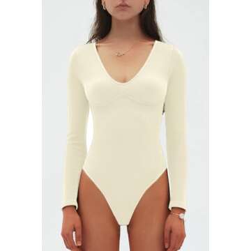 CHYRII Womens Sexy V Neck Bodysuit Basic Ribbed Long Sleeve Shirt Fall Tops Beige M