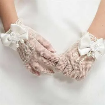 DreamHigh Wedding Flower Girls Mittens Pearl Bow Tie Fish Net Gloves- White
