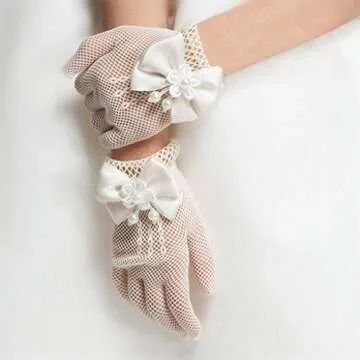 DreamHigh Flower Girl Mittens with Bow - Elegant Lace Gloves