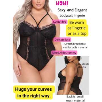 Kaei&Shi Plus Size Lingerie For Women,Sheer Lace Sexy V Neck Bodysuit,Eyelash One Piece Floral Teddy Boudoir Black 6X-Large