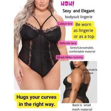 Kaei&Shi Plus Size Lingerie For Women,Sheer Lace Sexy V Neck Bodysuit,Eyelash One Piece Floral Teddy Boudoir Black 6X-Large