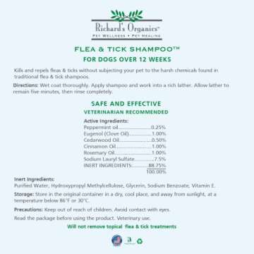 Richard’s Organics Flea and Tick Shampoo for Dogs – 100% All-Natural Actives Kills Fleas, Ticks and Repels Mosquitos – Gentle, Won’t Dry Skin, Great Smelling Essential Oils (12oz bottle),FG00440