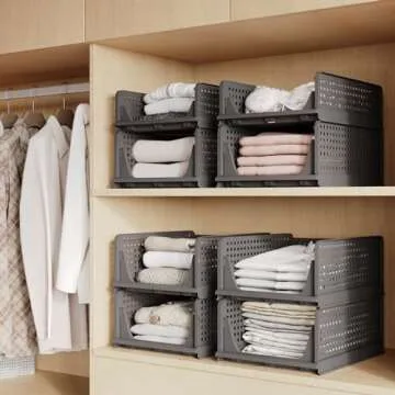 Pinkpum 4 Pack Folding Closet Organizers Storage Box, Stackable Plastic Drawer Basket for Clothing, ...