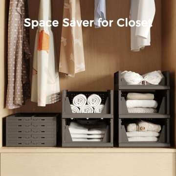 Pinkpum 4 Pack Folding Closet Organizers Storage Box, Stackable Plastic Drawer Basket for Clothing, Stackable Storage Bins Shelf Storage Container for Closet Wardrobe Bedroom Bathroom Office (Black)