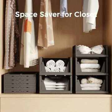 Pinkpum 4 Pack Folding Closet Organizers Storage Box, Stackable Plastic Drawer Basket for Clothing, Stackable Storage Bins Shelf Storage Container for Closet Wardrobe Bedroom Bathroom Office (Black)