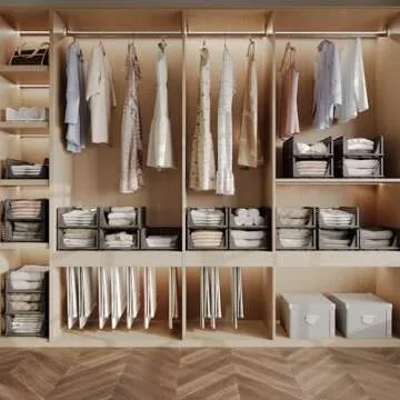 Pinkpum 4 Pack Folding Closet Organizers Storage Box, Stackable Plastic Drawer Basket for Clothing, Stackable Storage Bins Shelf Storage Container for Closet Wardrobe Bedroom Bathroom Office (Black)