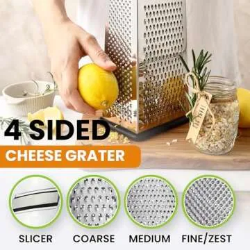 Spring Chef Professional Large Parmesan Cheese Grater, Stainless Steel Metal Box Grater with Handle, 4 Sided Handheld Kitchen Food Shredder for Cheese, Carrot, Veggie, Ginger, Potato - Dishwasher Safe