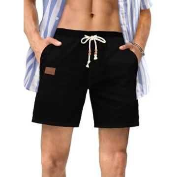 JMIERR Men's Casual Cotton Linen Shorts - Drawstring Summer Beach Stretch 5 inch Golf Dress Shorts w...