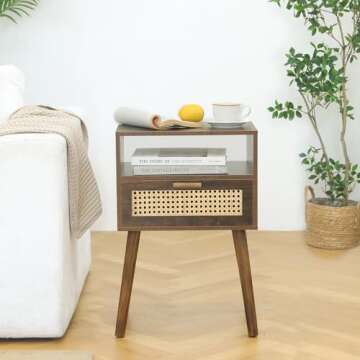 MaxSmeo Mid Century Nightstand with Rattan Drawer - Stylish Bedside Table for Small Spaces