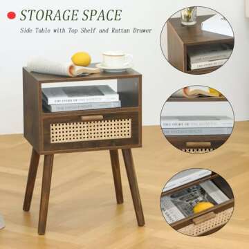 MaxSmeo Mid Century Rattan Nightstand for Small Spaces