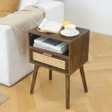 MaxSmeo Mid Century Rattan Nightstand for Small Spaces