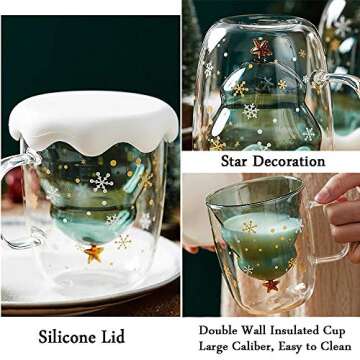 Rain House Fun Christmas Coffee Mugs Holiday Cups, 10oz Double Wall Glass Tableware with Lid and Han...