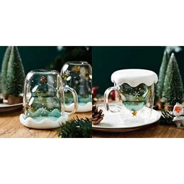 Rain House Fun Christmas Coffee Mugs Holiday Cups, 10oz Double Wall Glass Tableware with Lid and Handle, Tree Snowflake Glassware for Tea, Milk, Beverage, Juice, Water, 300ML (With Lid)