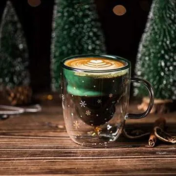 Rain House Fun Christmas Coffee Mugs Holiday Cups, 10oz Double Wall Glass Tableware with Lid and Handle, Tree Snowflake Glassware for Tea, Milk, Beverage, Juice, Water, 300ML (With Lid)