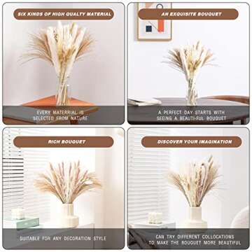 ANEUHS Natural Dried Pampas Grass Bouquet, Natural Home Decor, Phragmites Dried Flowers, Fluffy stem Bouquet for Home Decor Wedding Boho Flowers Decor Rustic Farmhouse Party (86PCS)