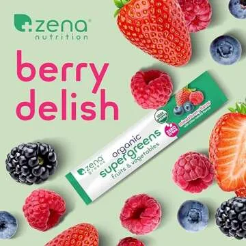 Zena Organic Super Greens Powder, 70+ Superfoods Drink Mix, 0 Sugar, 3G Fiber, Fruits, Veggies, Spirulina, Chlorella, Antioxidants, Pre & Probiotics, Digestive Enzymes, Mixed Berry Flavor, 30 Packets