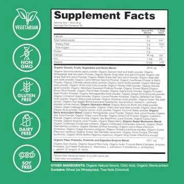 Zena Organic Super Greens Powder, 70+ Superfoods Drink Mix, 0 Sugar, 3G Fiber, Fruits, Veggies, Spirulina, Chlorella, Antioxidants, Pre & Probiotics, Digestive Enzymes, Mixed Berry Flavor, 30 Packets