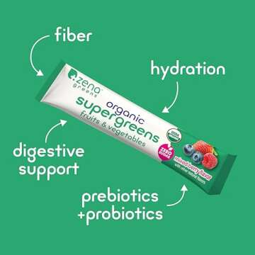 Zena Organic Super Greens Powder, 70+ Superfoods Drink Mix, 0 Sugar, 3G Fiber, Fruits, Veggies, Spirulina, Chlorella, Antioxidants, Pre & Probiotics, Digestive Enzymes, Mixed Berry Flavor, 30 Packets