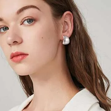 MUYAN Silver Dainty Wide Half Hoop Clip On Earrings for Women Small Chunky Thick Hoop Earrings Lightweight Jewelry