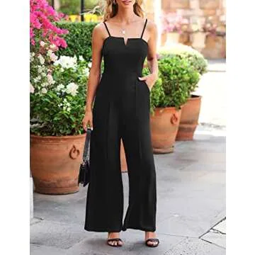 Theenkoln Women's Stretchy Notch Neck Jumpsuit High Waist Spaghetti Strap Romper Wide Leg Pants Rompers with Pockets Black M