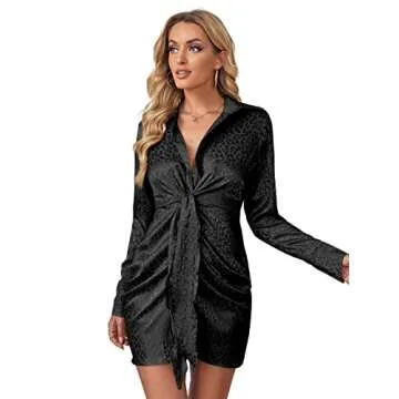 LYANER Women's Leopard Satin Deep Collar V Neck Tie Front Long Sleeve Mini Party Dress