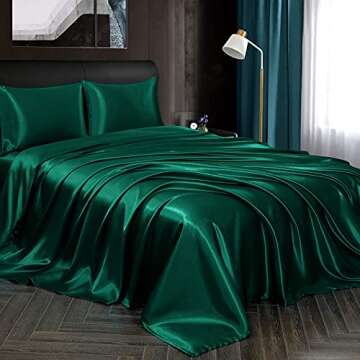 Homiest 4pcs Satin Sheets Set Luxury Silky Satin Bedding Set with Deep Pocket, 1 Fitted Sheet + 1 Flat Sheet + 2 Pillowcases (Queen Size, Blackish Green)