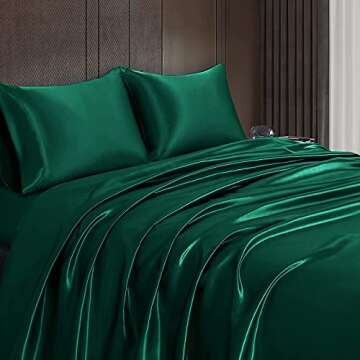 Homiest 4pcs Satin Sheets Set Luxury Silky Satin Bedding Set with Deep Pocket, 1 Fitted Sheet + 1 Flat Sheet + 2 Pillowcases (Queen Size, Blackish Green)