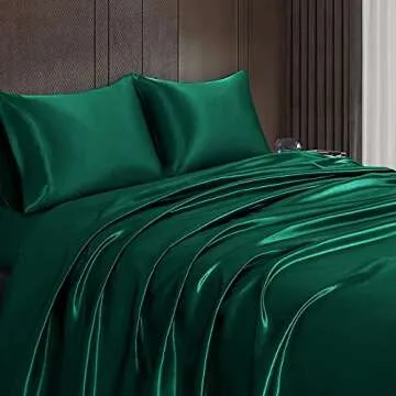 Homiest 4pcs Satin Sheets Set Luxury Silky Satin Bedding Set with Deep Pocket, 1 Fitted Sheet + 1 Flat Sheet + 2 Pillowcases (Queen Size, Blackish Green)