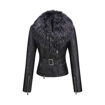 Bellivera Women's Faux Leather Short Jacket Moto Sherpa-Lined Belt Coat with Removable Fur Collar 92...