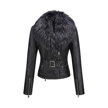 Bellivera Women's Faux Leather Short Jacket Moto Sherpa-Lined Belt Coat with Removable Fur Collar 92...