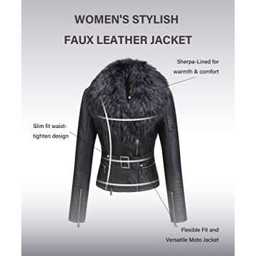 Bellivera Women's Faux Leather Short Jacket Moto Sherpa-Lined Belt Coat with Removable Fur Collar 9203 Black M