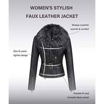 Bellivera Women's Faux Leather Short Jacket Moto Sherpa-Lined Belt Coat with Removable Fur Collar 9203 Black M
